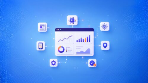 AI-powered data analytics dashboard with line and bar charts connected to icons around it