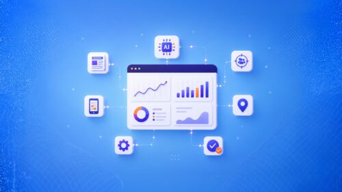 Abstract blue dashboard with charts and icons connected by dotted lines, representing AI analytics interface.