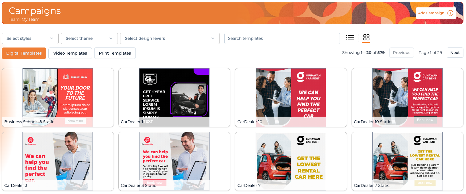Campaigns dashboard header with orange abstract banner and a grid of template thumbnails.