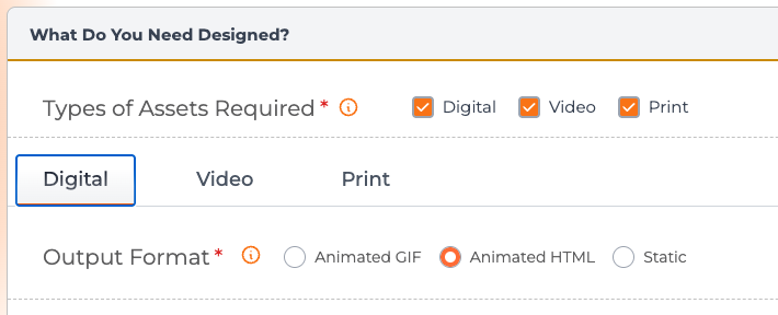 Design tools panel showing asset types: Digital, Video, and Print all checked; Digital tab active. Output format options include Animated GIF, Animated HTML (selected), and Static.