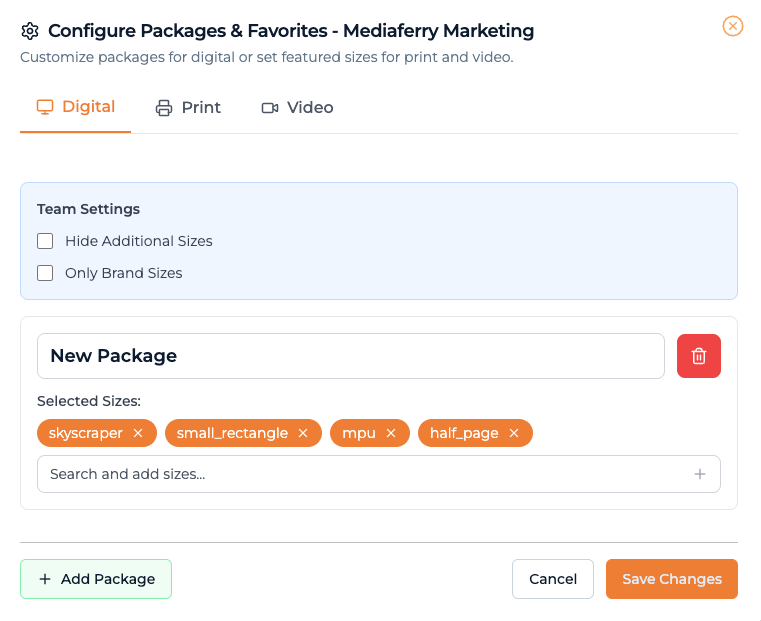 Packages settings panel showing a New Package with selected sizes skyscraper, small_rectangle, mpu, half_page; Save Changes button