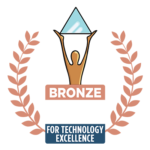 Bronze winner - Mediaferry Bronze Technology Excellence award badge with a raised gold figure in a black shield, light blue top triangle, and a blue ribbon reading 'FOR TECHNOLOGY EXCELLENCE'.