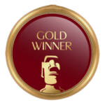 Gold Winner - Mediaferry Gold winner award badge with a trophy illustration on a burgundy circle with a gold rim
