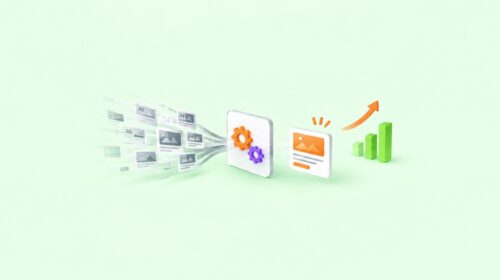 Abstract 3D illustration of data flowing from left to a central control panel with gears, then a rising bar chart showing growth.