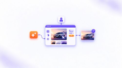 Isometric illustration of a web design interface showing a car image gallery connected to icons and a user profile node above it.